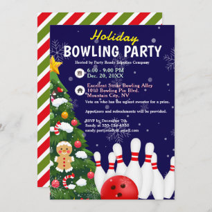 Invitation Fête de bowling de Noël Arbre Arrière - plan bleu