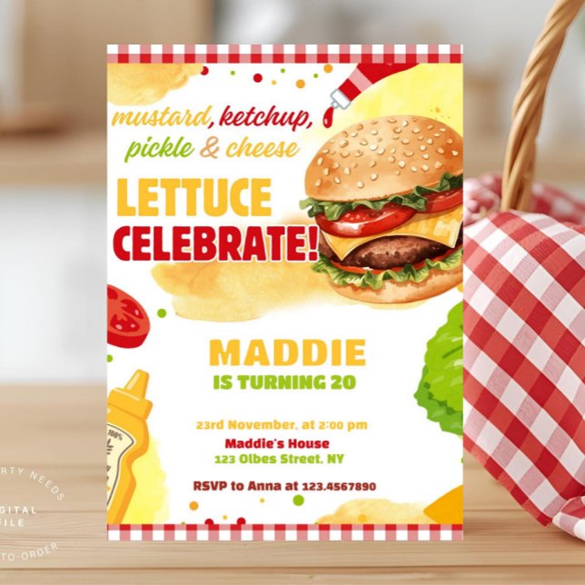 Invitation Fête de burgers dans le jardin Gingham Détente et  ( backyard burger party, bbq party invitation, burger birthday party invite,summer family annual barb)