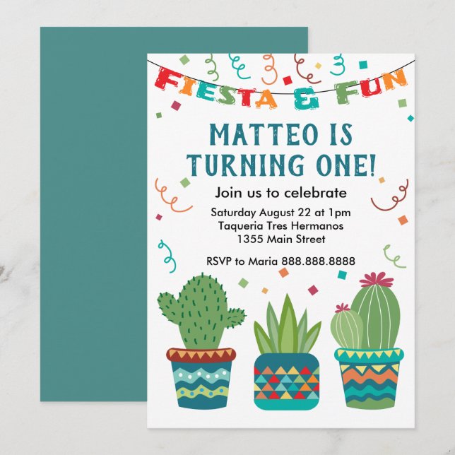 Invitation Fête de Cactus Anniversaire Première année Un an (Devant / Derrière)