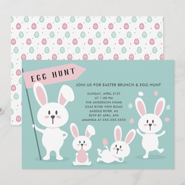 Invitation Fête de chasse aux oeufs de lapin de Pâques (Devant / Derrière)