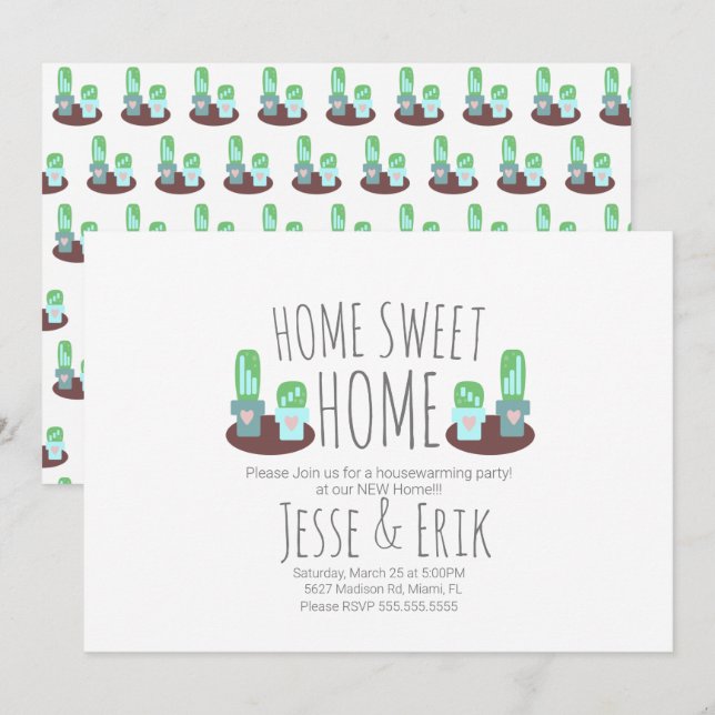 Invitation Fête de Chauffage de Maison avec Cactus en Pot Mod (Devant / Derrière)