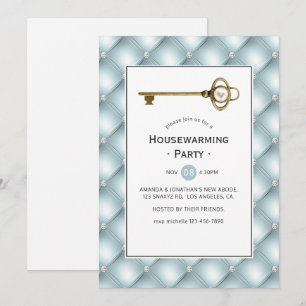 Invitation Fête de Chauffage Maison Clé Perle Or Vintage