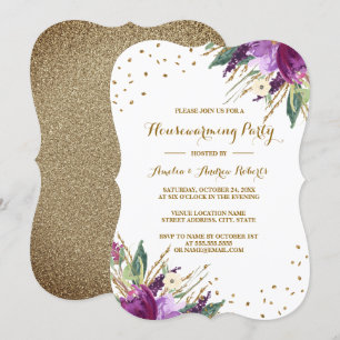 Invitation Fête de Chauffage Maison Fleur Or Violet Aquarelle