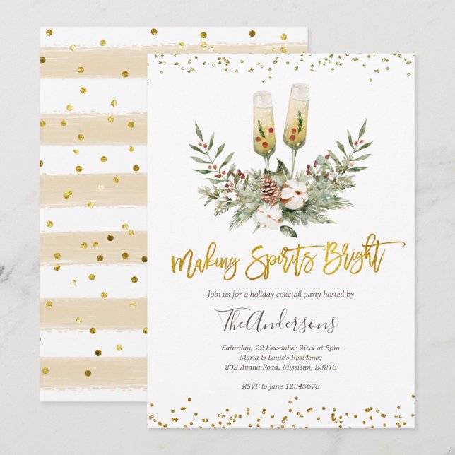 Invitation Fête de Cocktail de Noël avec des esprits brillant (Devant / Derrière)