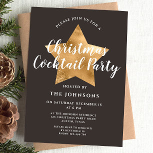 Invitation Fête de cocktail de Noël étoile dorée marron éléga