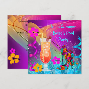 Invitation Fête de cocktail de plage piscine rose sarcelle d'