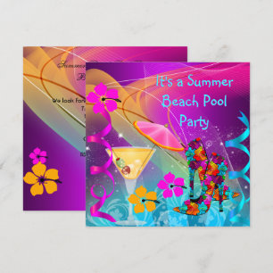 Invitation Fête de cocktail de plage piscine rose sarcelle d'
