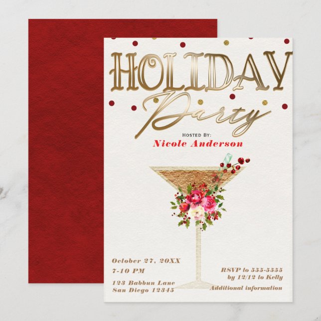 Invitation Fête de Cocktail de Vacances de Noël Or Rouge Féri (Devant / Derrière)