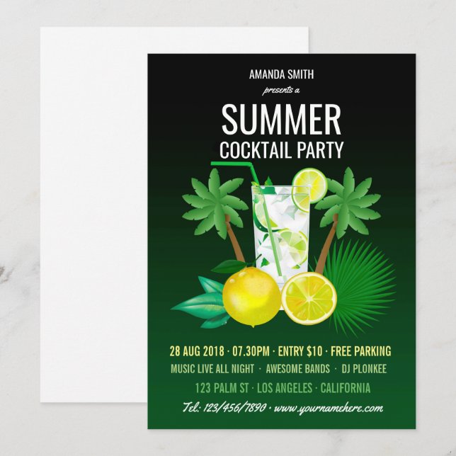 Invitation Fête de Cocktails d'Été (Devant / Derrière)