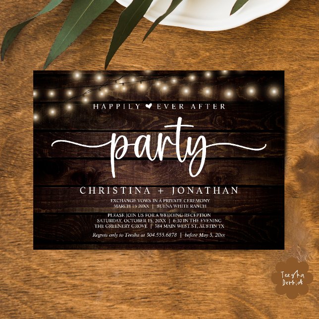 Invitation Fête de conte de fées, Mariage aux guirlandes lumi (Happily Ever After party, String Lights Wedding Invitation Card PDF Cottage Dark Wood)