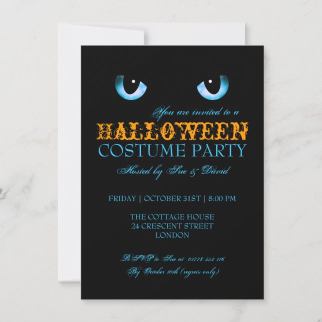 Invitation Fête de costume d'Halloween Chat noir bleu (Devant)
