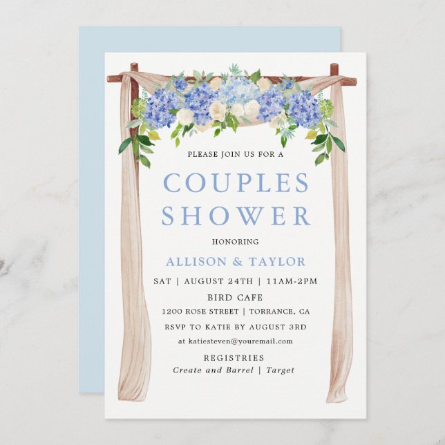 Invitation Fête de Couple Hydrangea Aquarelle Bleue (Devant / Derrière)
