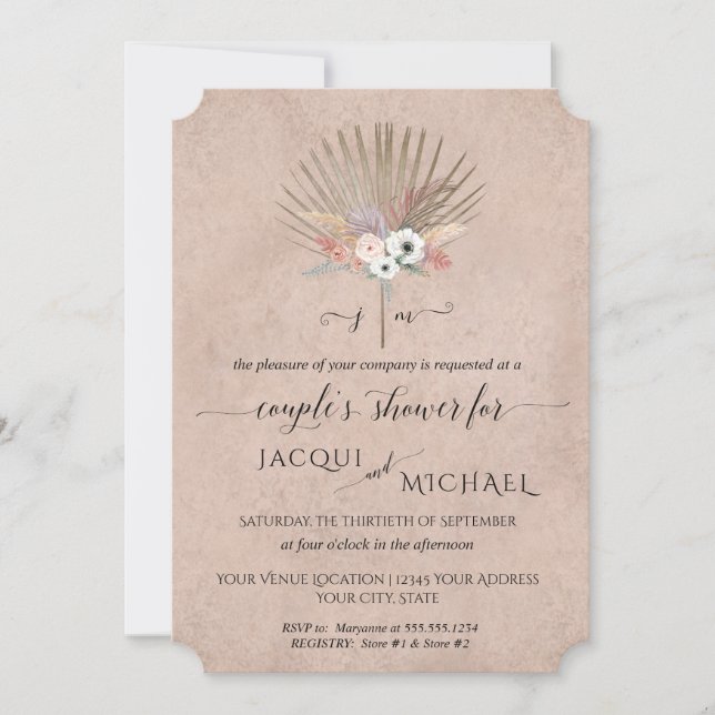 Invitation Fête de Couple Mariage Champêtre Rose Pâle BOHO Fl (Devant)