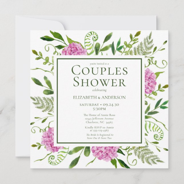 Invitation Fête de couples aux hortensias roses (Devant)