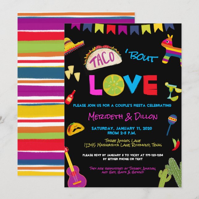 Invitation Fête de couples Taco Amoureux Colorée Fiesta (Devant / Derrière)