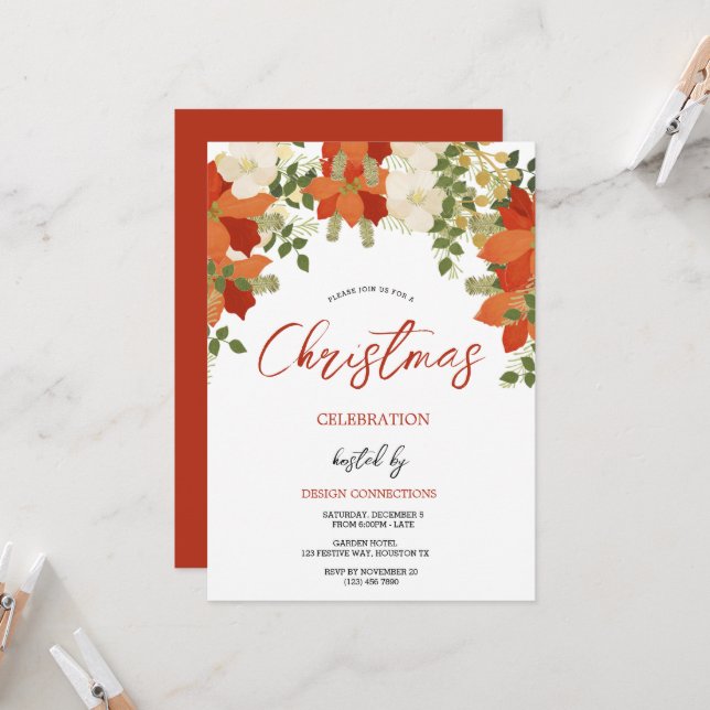 Invitation Fête de couronne de Noël Florale (Devant/Arrière en situation)