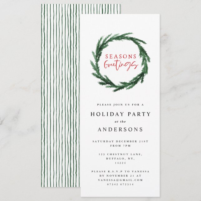 Invitation Fête de couronnes d'aquarelle Joyeuses Fêtes rayée (Devant / Derrière)