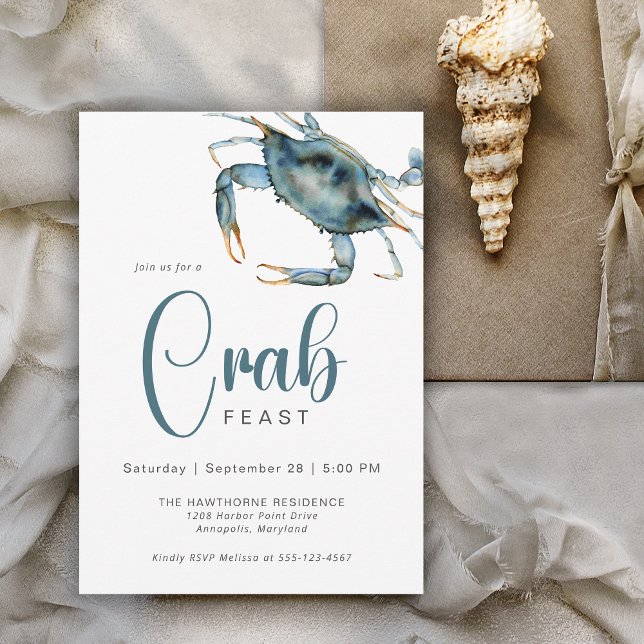 Invitation Fête de crabe moderne Aquarelle Crabe bleu (Available in both printed and paperless digital download!)