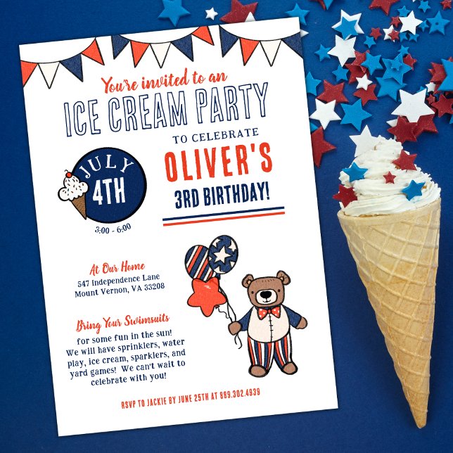 Invitation Fête de crème glacée de l'ours patriotique Anniver (July Birthday Ice Cream Party Invitaiton)