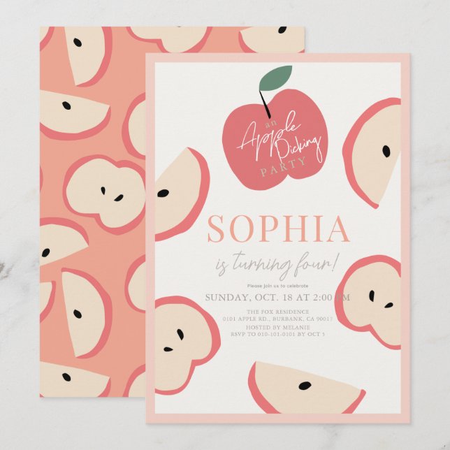 Invitation Fête de cueillette de pomme rose Fille Anniversair (Devant / Derrière)