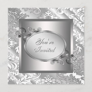 Invitation Fête de damas blanc argenté