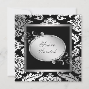 Invitation Fête de damas noir blanc argenté