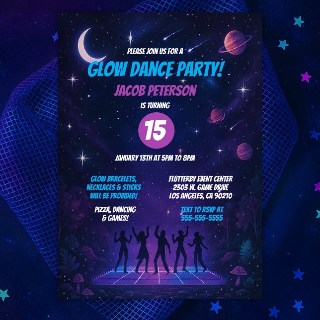 Invitation Fête de danse spatiale Ado avec silhouettes (Teen Glow Space Dance Party with Silhouettes Invitation
)