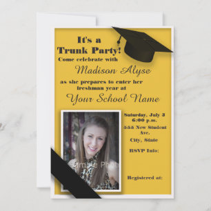 Invitation Fête de départ au collège avec malle jaune et blan