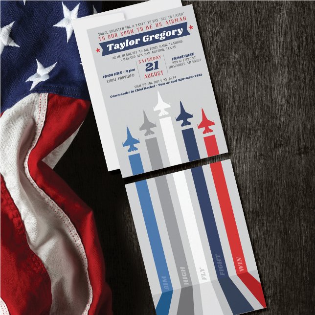 Invitation Fête de départ formation militaire de base de l'ar (Going Away, Farewell Party Invitation, Air Force Jet Plane, front & back, stripes, aim high, fly win)
