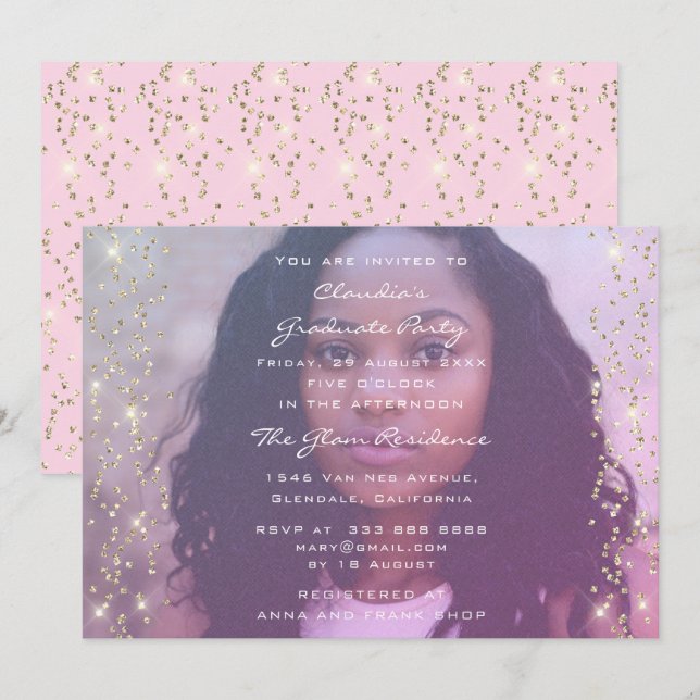 Invitation Fête de diplômé d'anniversaire Photo Rose Gold (Devant / Derrière)