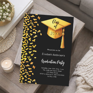 Invitation Fête de diplôme en or noir confetti