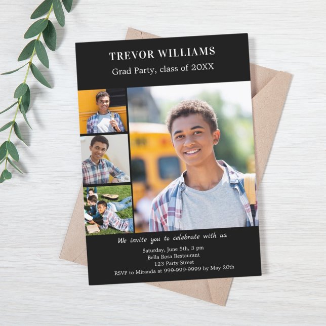 Invitation Fête de diplôme noir blanc photo collage (Créateur téléchargé)