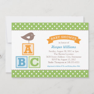 Invitation Fête de douche de bébé blocs ABC oiseau vert genre