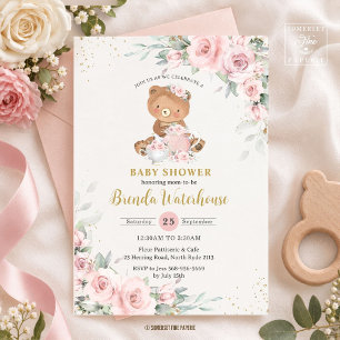 Invitation Fête de douche pour bébé ourson floral rose carmin