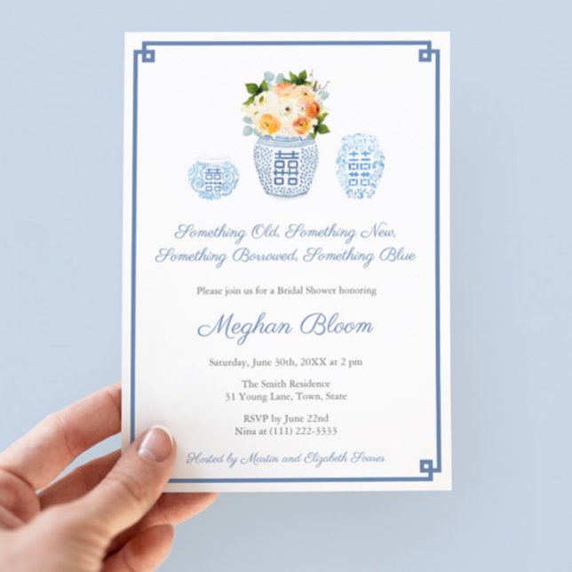 Invitation Fête de Fête des mariées aux fleurs d'automne bleu (Something Old New Borrowed Blue Bridal Shower Party Invite with florals in fall autumn colors)