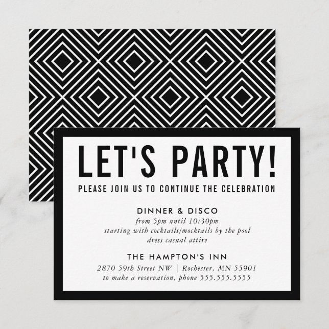 Invitation FÊTE DE FÊTE INFO simple moderne audacieux noir (Devant / Derrière)