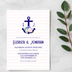 Invitation Fête de fiançailles aux rayures florales nautiques