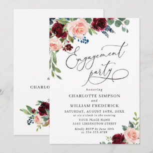 Invitation Fête de fiançailles aux roses eucalyptus marine Bo