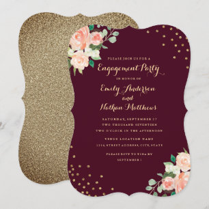 Invitation Fête de fiançailles avec confettis floraux dorés d