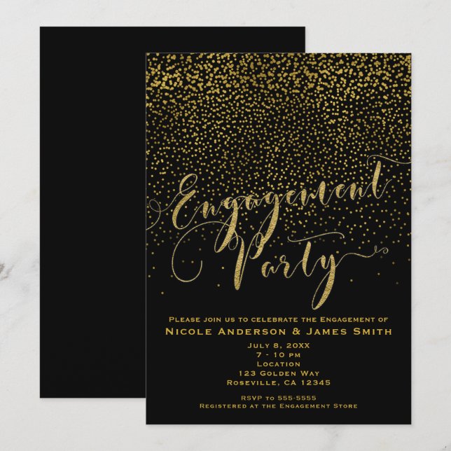 Invitation Fête de Fiançailles Black & Gold Confetti Glam (Devant / Derrière)