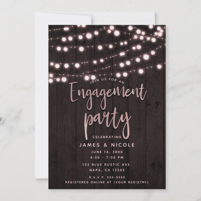 Invitation Fête de fiançailles Bois rustique et lumières Rose (Devant)