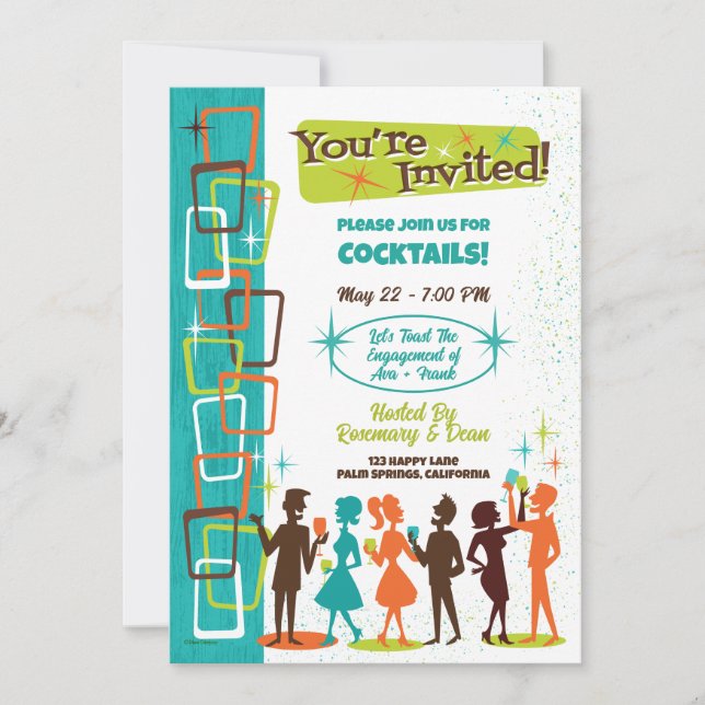 Invitation Fête de Fiançailles Cocktails Mid-Century Modern (Devant)