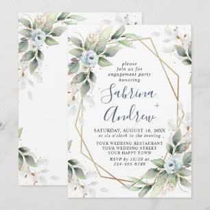 Invitation Fête de fiançailles Élégante Bleu Poussiéreux  Ver