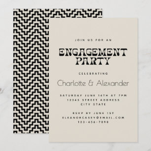 Invitation Fête de fiançailles élégante rétro noir et blanc