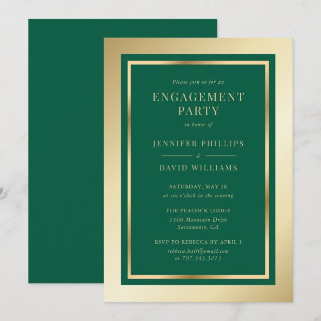 Invitation Fête de fiançailles élégante verte émeraude et or (Devant / Derrière)
