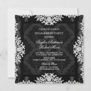 Invitation Fête de fiançailles en damassé diamant noir et bla