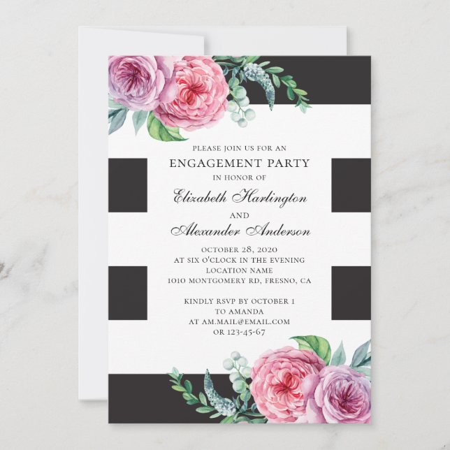 Invitation Fête de fiançailles en noir et blanc. Floral boho  (Devant)