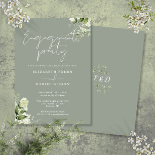 Invitation Fête de fiançailles Floral Vert Sauge Script