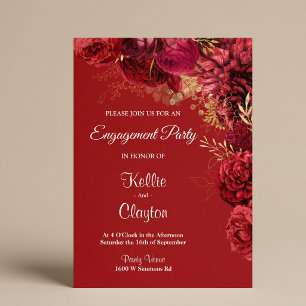 Invitation Fête de fiançailles florale rouge et or