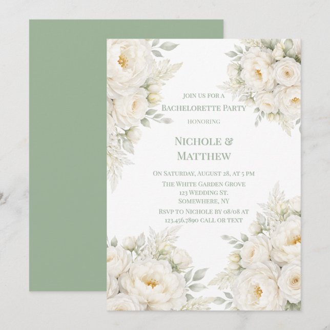 Invitation Fête de Fiançailles Florale Tout en Blanc (Devant / Derrière)